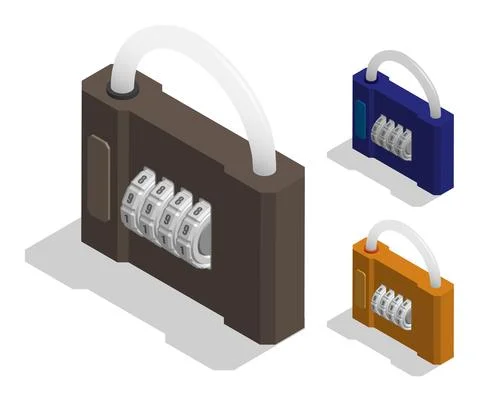 Set of isometric closed padlocks with password combination for strong protect Stock Illustration