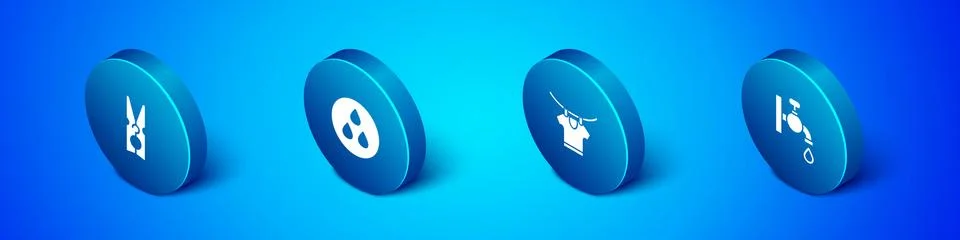 Set Isometric Clothes pin, Drying clothes, Water tap and drop icon. Vector Stock Illustration