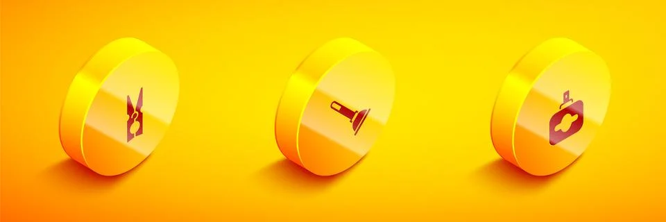 Set Isometric Clothes pin, Rubber plunger and Perfume icon. Vector Illustration