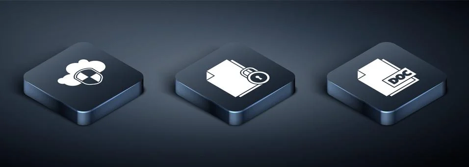 Set Isometric Cloud and shield, DOC file document and Document and lock icon Illustrazione stock