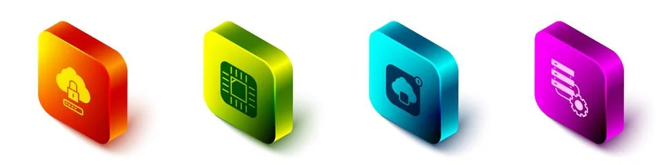 Set Isometric Cloud computing lock, Processor with CPU, technology data transfer Illustrazione stock