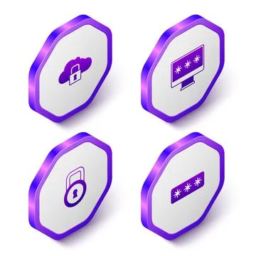 Set Isometric Cloud computing lock, Monitor with password, Lock and Password  Stock Illustration