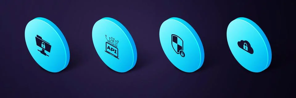 Set Isometric Cloud computing lock, Shield security with, Computer api interf Stock Illustration