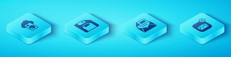 Set Isometric Cloud database, Floppy disk, Envelope and Mail and e-mail icon Stock Illustration
