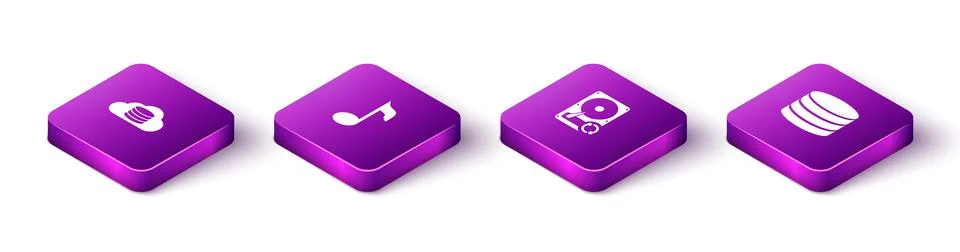 Set Isometric Cloud database, Music note, tone, Hard disk drive HDD sync refresh Illustrazione stock