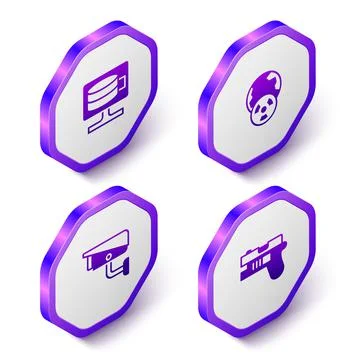 Set Isometric Cloud database, Planet earth and radiation, Security camera and Stock Illustration