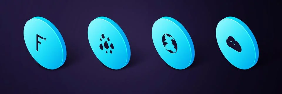 Set Isometric Cloud, Earth globe, Water drop and Fahrenheit icon. Vector Stock Illustration