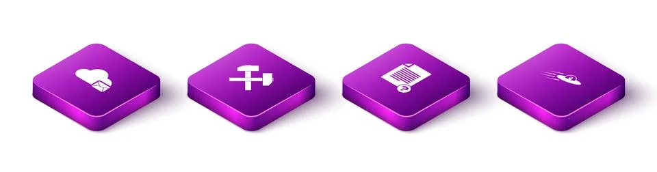 Set Isometric Cloud mail server, Two crossed hammers, Unknown document and UFO Stock Illustration
