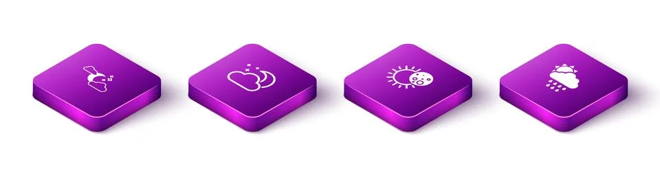 Set Isometric Cloud with moon and stars, , Eclipse of the sun and rain icon Illustrazione stock
