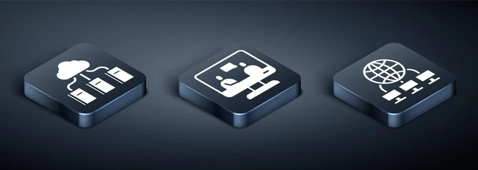 Set Isometric Cloud or online library, Computer network and Online education Stock Illustration