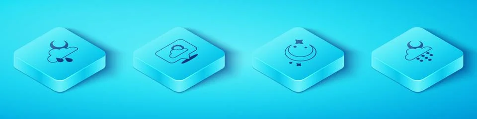 Set Isometric Cloud with rain and moon, Location cloud, and Moon stars icon Illustrazione stock