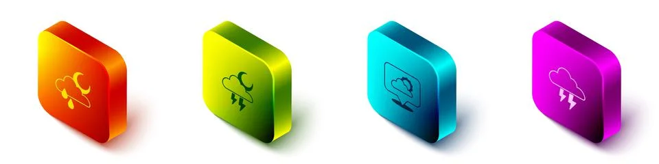Set Isometric Cloud with rain and moon, Storm, Location cloud and icon. Vector Illustrazione stock