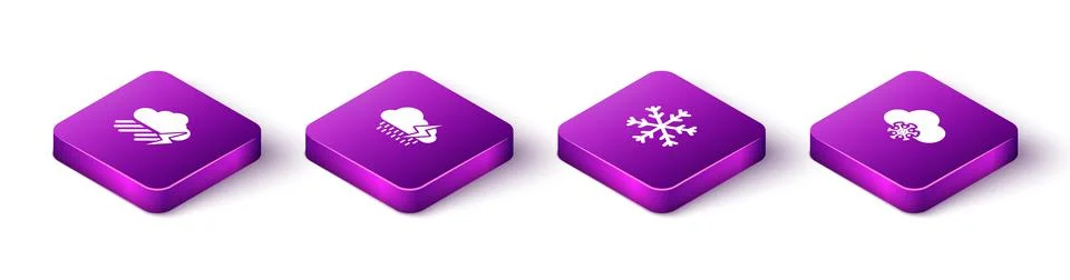 Set Isometric Cloud with rain and lightning, , Snowflake and snow icon. Vector イラスト素材