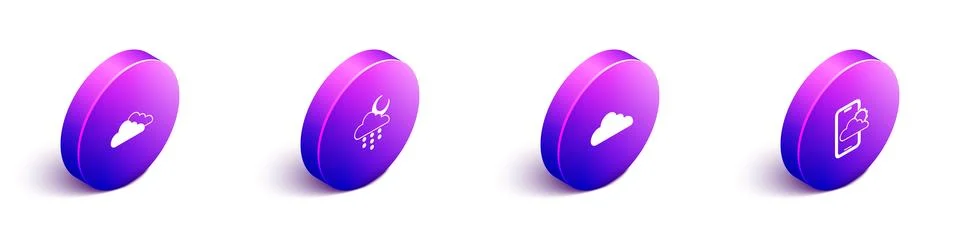 Set Isometric Cloud, with rain and moon,  and Weather forecast icon. Vector Illustrazione stock