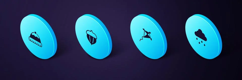 Set Isometric Cloud with rain, Kite, Acorn and Winter hat icon. Vector 스톡 일러스트