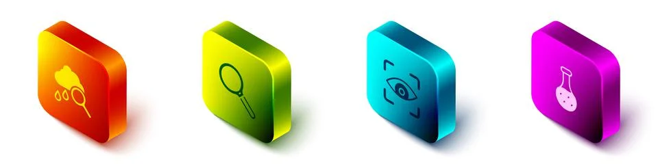 Set Isometric Cloud with rain, Magnifying glass, Eye scan and Test tube icon. Stock Illustration