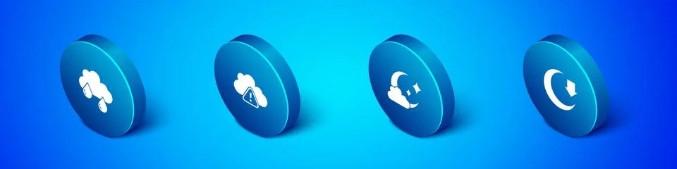 Set Isometric Cloud with rain, moon, Moon and Storm warning icon. Vector Illustrazione stock