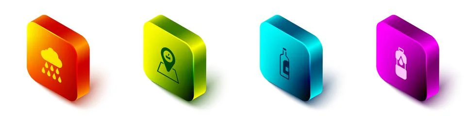 Set Isometric Cloud with rain, Picnic location, Bottle of wine and water icon Stock Illustration
