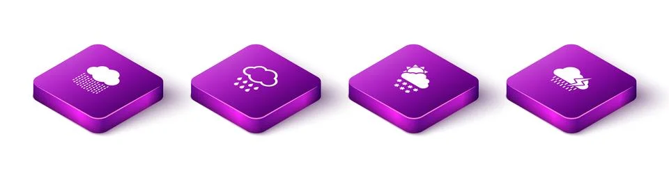 Set Isometric Cloud with rain, , snow and sun and lightning icon. Vector Stock Illustration