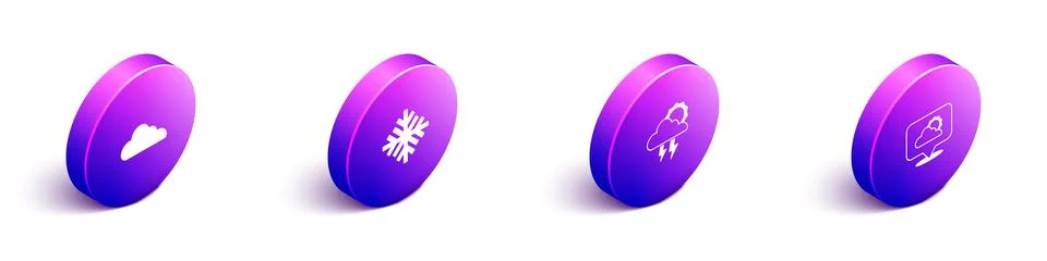 Set Isometric Cloud, Snowflake, Storm and Location cloud icon. Vector Illustrazione stock