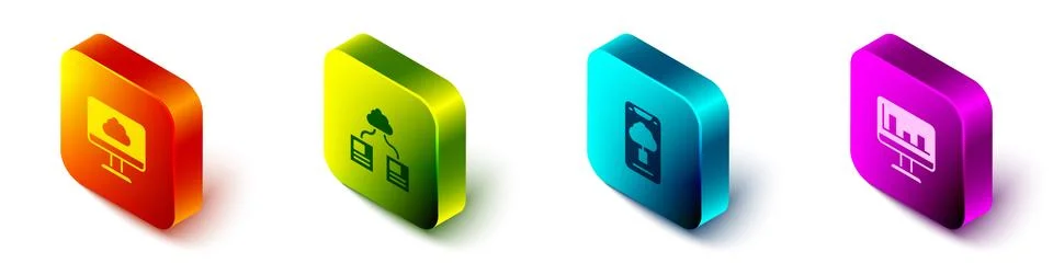 Set Isometric Cloud technology data transfer, , and Monitor with graph chart Stock Illustration