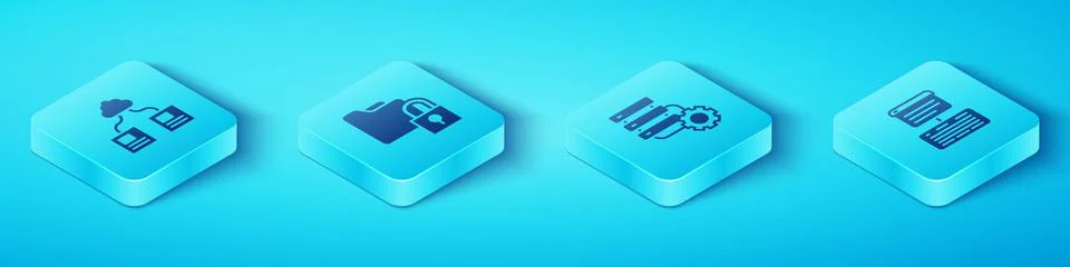 Set Isometric Cloud technology data transfer, Folder and lock, Server, Data, Web Stock Illustration