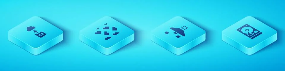Set Isometric Cloud technology data transfer, Data stream, Hard disk drive HDD Stock Illustration