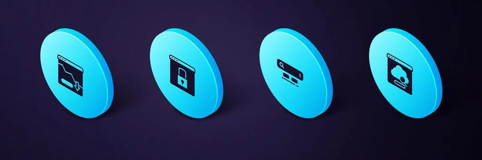 Set Isometric Cloud technology data transfer, Search engine, Secure your site Stock Illustration