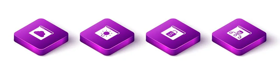 Set Isometric Cloud technology data transfer, Browser window, Online shopping on Stock Illustration