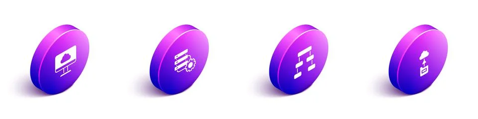 Set Isometric Cloud technology data transfer, Server and gear, Hierarchy Stockillustratie