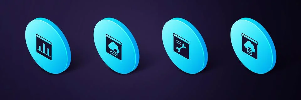 Set Isometric Cloud technology data transfer, Browser setting, and Graph chart Illustrazione stock