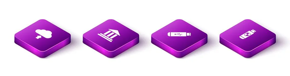 Set Isometric Cloud upload, Bank building, USB flash drive and and shield icon Ilustración de archivo