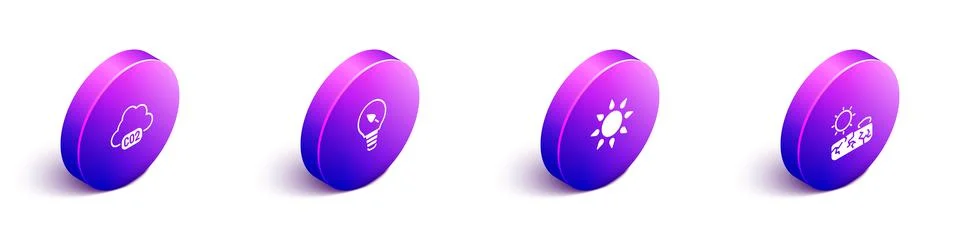Set Isometric CO2 emissions in cloud, Light bulb with leaf, Sun and Drought icon Stock Illustration