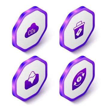 Set Isometric CO2 emissions in cloud, Trash can, Iceberg and Water energy icon Stock Illustration