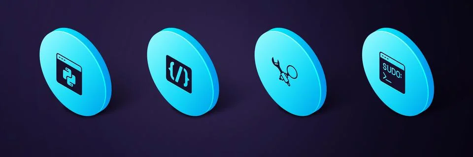 Set Isometric Code terminal, Debugging, Programming language syntax and Python Stock Illustration