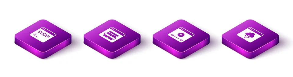 Set Isometric Code terminal, MySQL code, Online play video and Cloud technology Stock Illustration