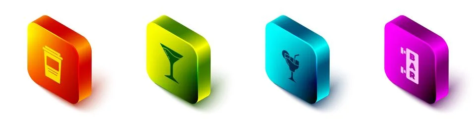 Set Isometric Coffee cup to go, Martini glass, Cocktail and Street signboard Ilustração Stock