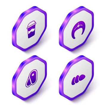 Set Isometric Coffee cup to go, Fish steak, Steak meat and Chicken egg icon Illustrazione stock