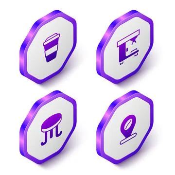Set Isometric Coffee cup to go, machine, table and Location with coffee bean Stock Illustration