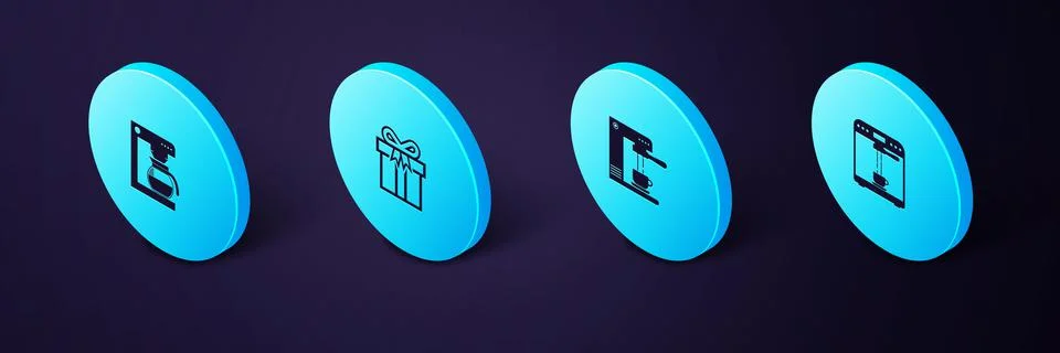 Set Isometric Coffee machine and cup, , Gift box and with pot icon. Vector Stock Illustration