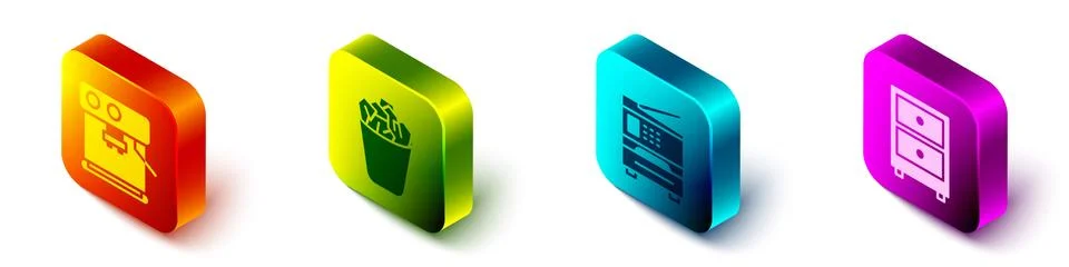 Set Isometric Coffee machine, Full trash can, Printer and Drawer with documents Stock Illustration