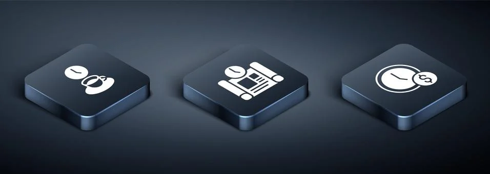 Set Isometric Coffee time, Time is money and Project plan icon. Vector Stock Illustration