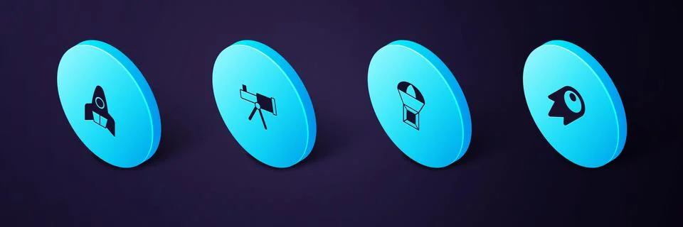 Set Isometric Comet falling down fast, Box flying on parachute, Telescope and 스톡 일러스트