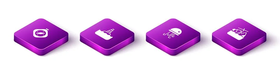 Set Isometric Compass, Floating buoy, Jellyfish and Sinking cruise ship icon 스톡 일러스트