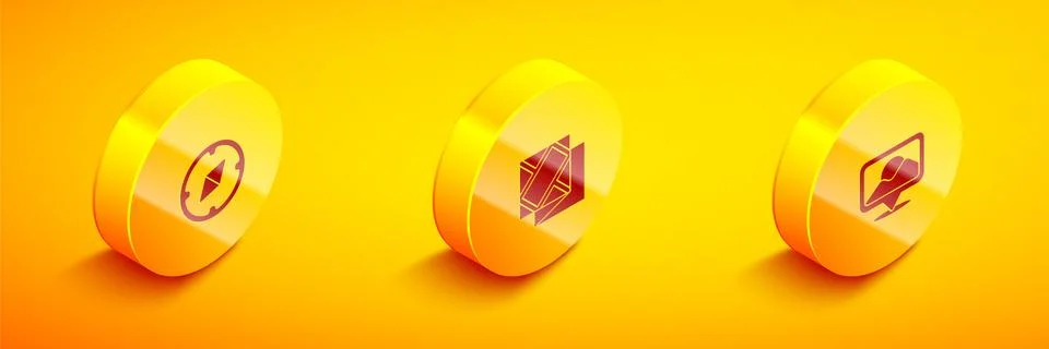 Set Isometric Compass, Folded map and Location icon. Vector Stock Illustration