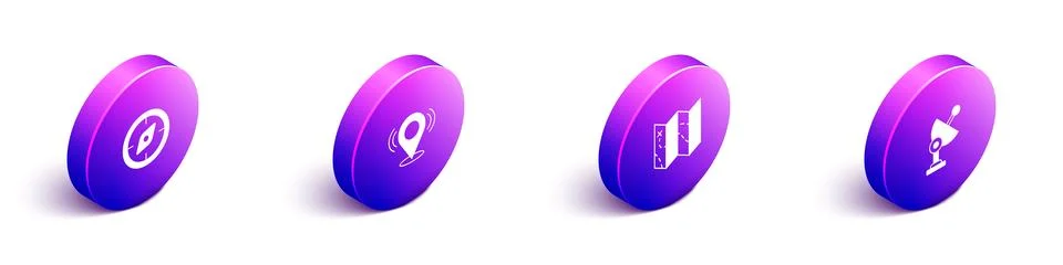 Set Isometric Compass, Map pin, Folded map and Radar icon. Vector 스톡 일러스트