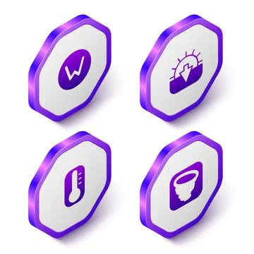 Set Isometric Compass north, Sunset, Thermometer and Tornado icon. Purple hex Stock Illustration