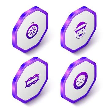 Set Isometric Compass, Sailor, Nautical rope knots and Ship porthole icon. .. Ilustración de archivo
