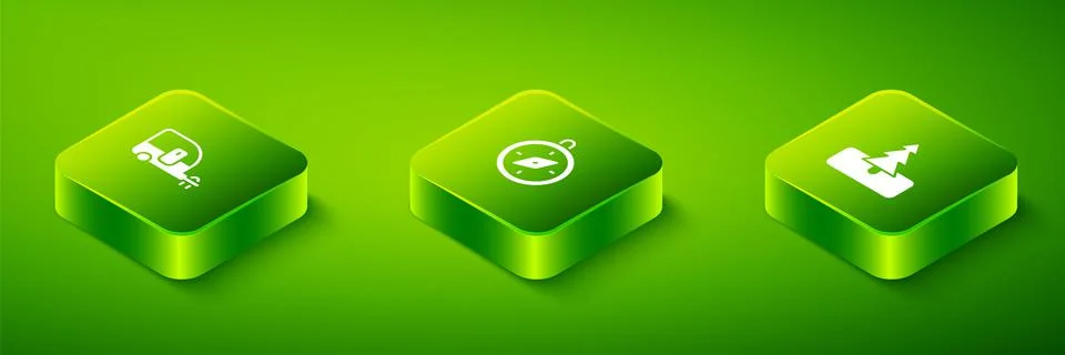 Set Isometric Compass, Tree and Rv Camping trailer icon. Vector Illustrazione stock