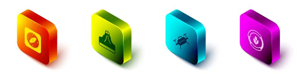 Set Isometric Compass, Volcano, Drone and Soil analysis icon. Vector Illustrazione stock